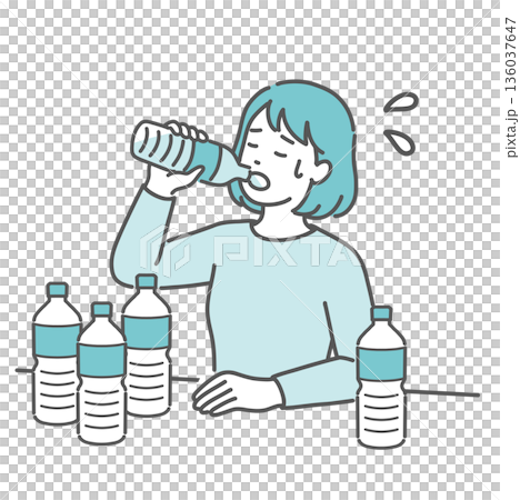 喉が渇いて大量の水を飲む女性のイラスト（糖尿病・多飲・口渇・熱中症） 136037647