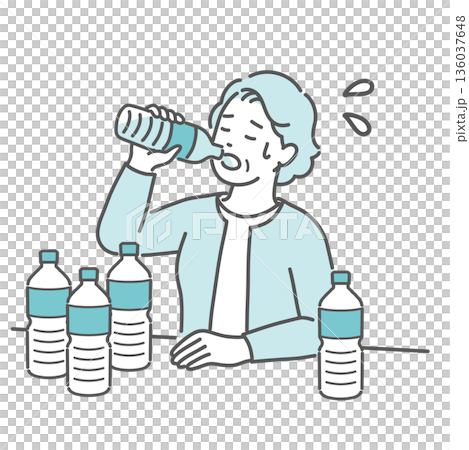 喉が渇いて大量の水を飲む高齢女性のイラスト（糖尿病・多飲・口渇・熱中症） 136037648