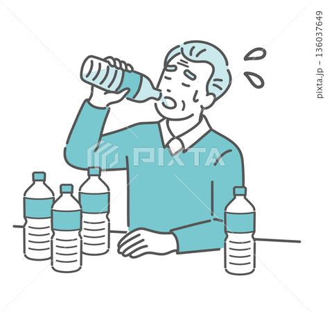 喉が渇いて大量の水を飲む高齢男性のイラスト(糖尿病・多飲・口渇・熱中症) 喉が渇いて大量の水を飲む高齢男性のイラスト(糖尿病・多飲・口渇・熱中症) 136037649