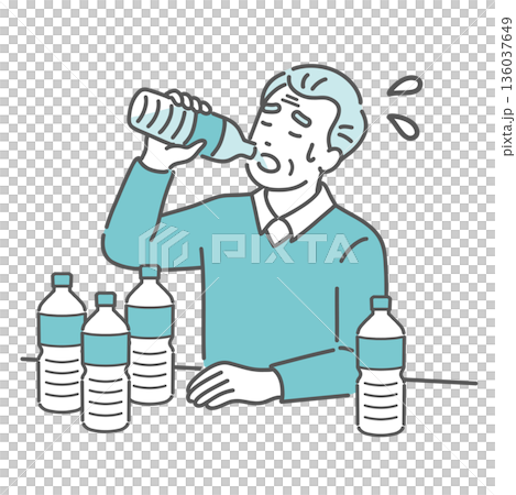 Illustration of an elderly man who is thirsty and drinks a lot of water (diabetes, excessive drinking, dry mouth, heat stroke) 136037649