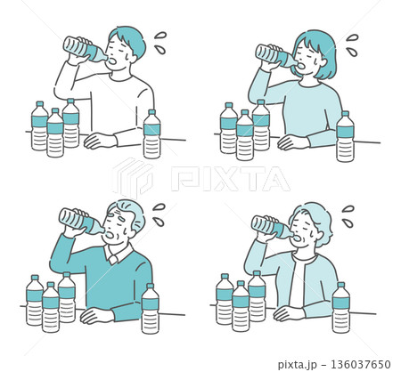 喉が渇いて水を飲む男女・高齢者のイラストセット(糖尿病・多飲・口渇・熱中症) 喉が渇いて水を飲む男女・高齢者のイラストセット(糖尿病・多飲・口渇・熱中症) 136037650