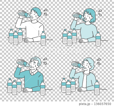 喉が渇いて水を飲む男女・高齢者のイラストセット(糖尿病・多飲・口渇・熱中症) 喉が渇いて水を飲む男女・高齢者のイラストセット(糖尿病・多飲・口渇・熱中症) 136037650