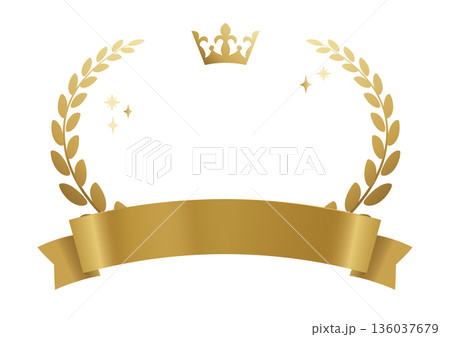 ゴールドの王冠と月桂冠の表彰フレーム リボン付きイラスト 136037679