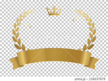 ゴールドの王冠と月桂冠の表彰フレーム リボン付きイラスト 136037679