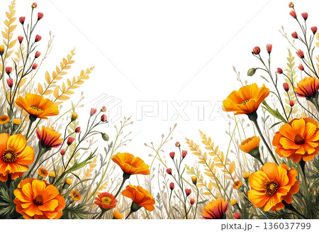 Bright orange flowers and delicate buds create a vibrant floral border on a white background 136037799