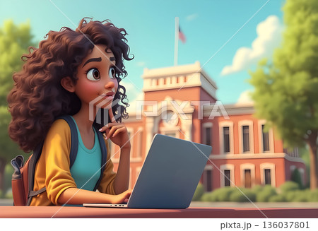 Young student working on laptop outside her school on a sunny day 136037801