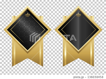 Luxurious black and gold diamond-shaped ribbon badge vector material 136038458