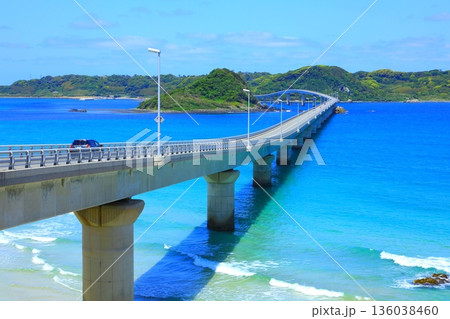 コバルトブルーの海と角島大橋（下関市） 136038460
