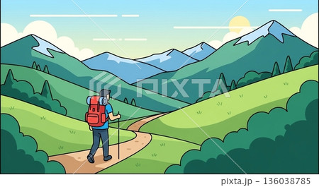 新緑の中でハイキングを楽しむイラスト 136038785