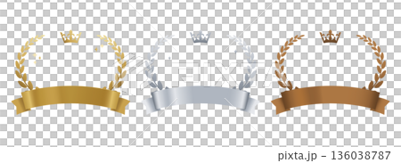 奢華的金、銀、銅色絲帶徽章，帶有皇冠等級裝飾向量圖 136038787