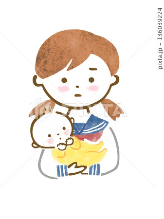 厳しい表情で赤ちゃんを抱っこするセーラー服を着た女の子のイラスト（上半身） 136039224