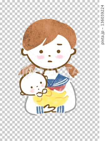 厳しい表情で赤ちゃんを抱っこするセーラー服を着た女の子のイラスト（上半身） 136039224