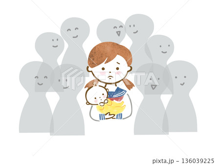 赤ちゃんを抱っこした、孤独を感じているセーラー服姿の女の子のイラスト 赤ちゃんを抱っこした、孤独を感じているセーラー服姿の女の子のイラスト 136039225