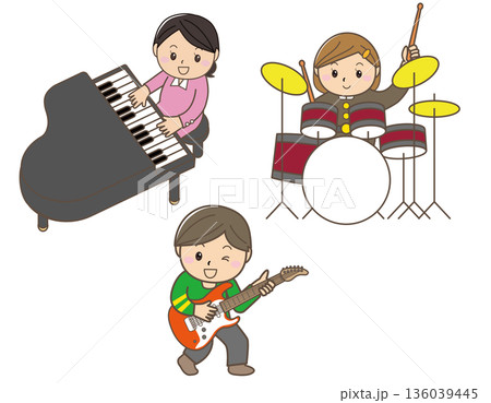 ボーカルなし3人編成バンドのイラスト|ドラム・ピアノ・ギターによるインスト演奏 ボーカルなし3人編成バンドのイラスト|ドラム・ピアノ・ギターによるインスト演奏 136039445