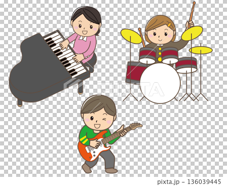 Illustration of a three-person band without vocals | Instrumental performance with drums, piano, and guitar 136039445