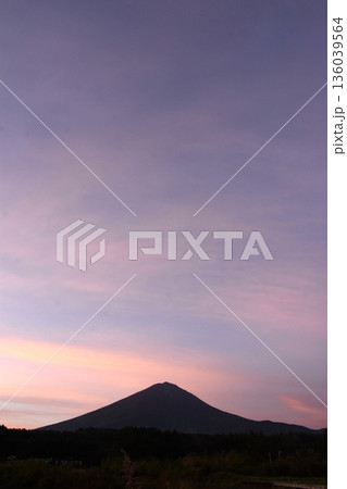 モザイク状の薄雲がピンク色に朝焼けして明るい空の下にくっきりとした黒い富士山 136039564