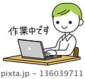 ゆるくてかわいいデフォルメ人物の「作業中です」手書き文字イラスト 136039711