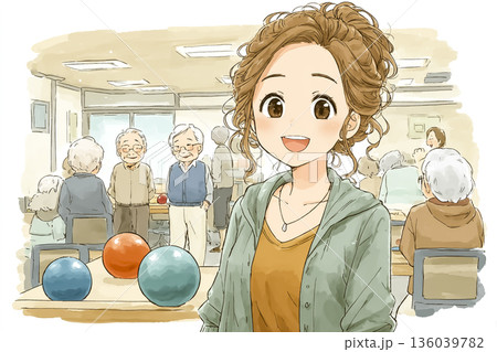 美優シリーズ：高齢者とレクリエーションを楽しむ若い女性｜介護・地域交流のイメージ 136039782