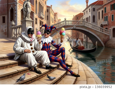 Pulcinella and Harlequin eat a giant ice cream cone on the steps of a canal in Venice. 136039952