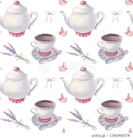 Watercolor seamless pattern with tea set, lavender bouquets, butterflies. Hand-painted illustrations isolated on white for stationery, packaging, textile, branding, party invitation, vintage design Watercolor seamless pattern with tea set, lavender bouquets, butterflies. Hand-painted illustrations isolated on white for stationery, packaging, textile, branding, party invitation, vintage design 136040074