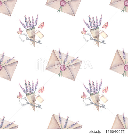 Watercolor seamless pattern, lavender compositions. Hand-painted illustration isolated on white for stationery, invitations, packaging, textiles, branding, scrapbooking, romantic design, decor Watercolor seamless pattern, lavender compositions. Hand-painted illustration isolated on white for stationery, invitations, packaging, textiles, branding, scrapbooking, romantic design, decor 136040075