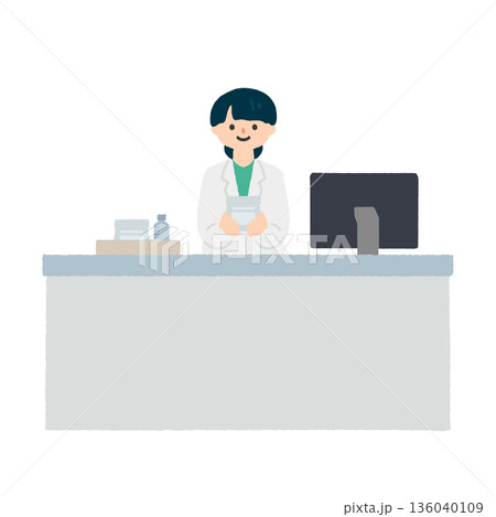 薬局の窓口で薬を手渡し服薬説明をする薬剤師のイラスト 136040109
