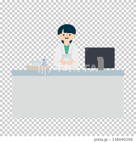 插圖描繪了藥劑師在藥局櫃檯遞藥並講解服用方法的情景。 136040109