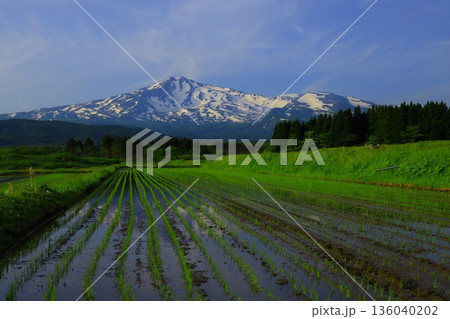 鳥海山と田んぼに映る逆さ鳥海 136040202