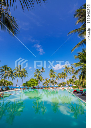 Vertical sunny playful tropical infinity pool beach resort palm loungers turquoise sea horizon summer happy relaxation paradise 136040296