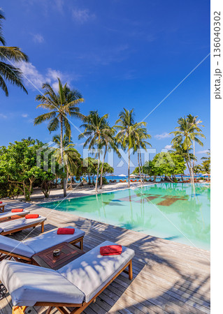 Luxury beach resort pool with relaxing sun beds chairs palm trees tropical summer paradise vacation background 136040302