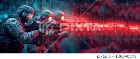 Futuristic special forces soldier firing glowing red digital bullets in rain, cyberpunk tactical combat scene. Banner for design with copy space. red glow tactical soldier cyberpunk banner 136040378