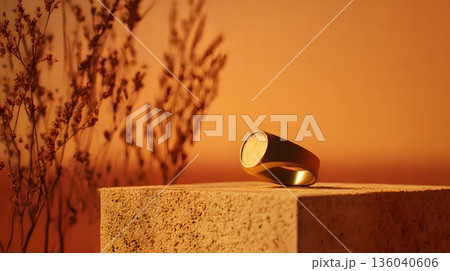 温かみのある光に照らされたゴールドリングのミニマル静物 136040606