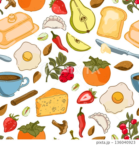 seamless pattern with bread, cheese, bread and spices 136040923