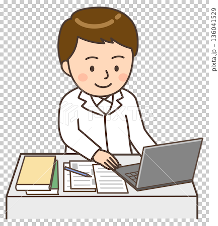 A smiling male doctor working at a desk in front of a computer A smiling male doctor working at a desk in front of a computer 136041529