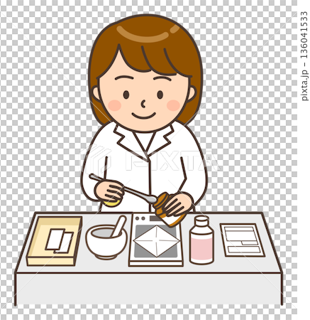 圖：一位年輕的女藥劑師在配藥時稱量藥粉。 136041533