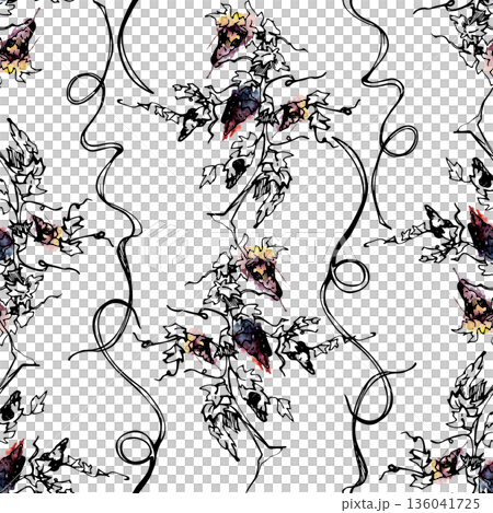Seamless pattern with botanical grapevines, lush foliage and ripe fruit clusters with stripes of plant tendrils. Hand drawn in watercolor and ink for packaging, textile prints, boutique branding. Seamless pattern with botanical grapevines, lush foliage and ripe fruit clusters with stripes of plant tendrils. Hand drawn in watercolor and ink for packaging, textile prints, boutique branding. 136041725
