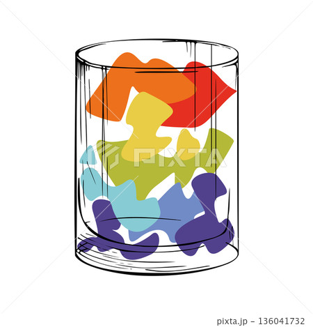 Vector Rainbow Layered cocktail in tumbler glass hand drawn in ink with color transition highlights. Clean glass silhouette and vibrant palette for digital posters, summer bar branding, or drink sets. 136041732