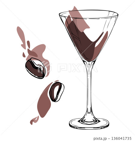 Elegant Espresso Martini, Mudslide alcoholic cocktail with inky hand drawn beans. Vector, subtle gradients and neutral palette. Perfect for coffee bar branding, drink infographics, and recipe visuals. 136041735