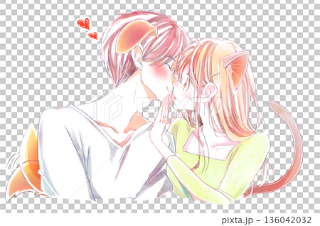 A cat-like woman refuses a dog-like man who tries to kiss her 136042032