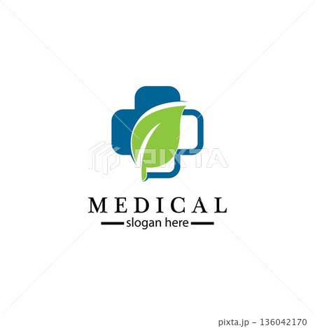 Medical cross and herbal leaf. medicine pharmacy logo. medical health symbol. herbal health care logo. nature logo. 136042170