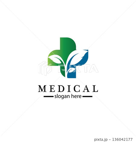 Medical cross and herbal leaf. medicine pharmacy logo. medical health symbol. herbal health care logo. nature logo. Medical cross and herbal leaf. medicine pharmacy logo. medical health symbol. herbal health care logo. nature logo. 136042177