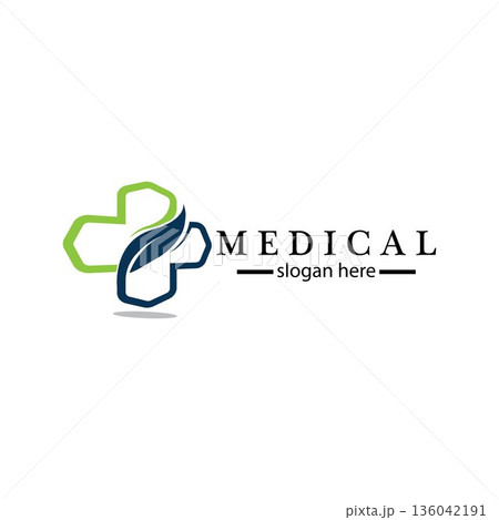 Medical cross and herbal leaf. medicine pharmacy logo. medical health symbol. herbal health care logo. nature logo. 136042191