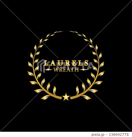 Gold laurel wreath. Symbol of victory and achievement. Design element for decoration of medal, award, coat of arms or anniversary logo. Golden leaf silhouette on black background. Vector illustration 136042778