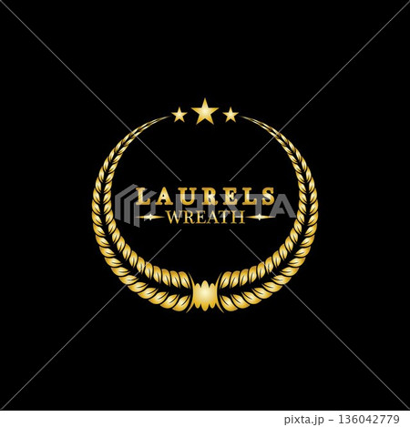 Gold laurel wreath. Symbol of victory and achievement. Design element for decoration of medal, award, coat of arms or anniversary logo. Golden leaf silhouette on black background. Vector illustration 136042779