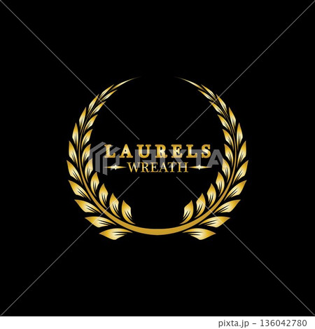 Gold laurel wreath. Symbol of victory and achievement. Design element for decoration of medal, award, coat of arms or anniversary logo. Golden leaf silhouette on black background. Vector illustration 136042780