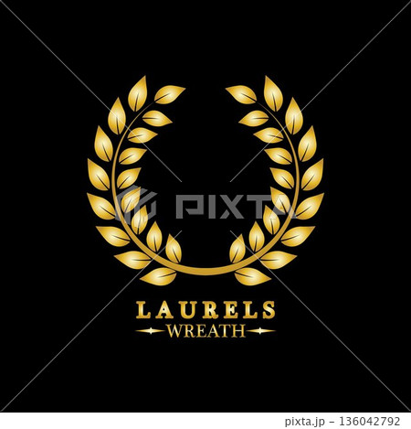 Gold laurel wreath. Symbol of victory and achievement. Design element for decoration of medal, award, coat of arms or anniversary logo. Golden leaf silhouette on black background. Vector illustration 136042792