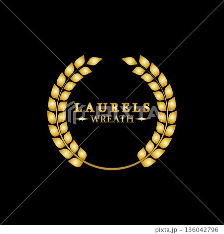 Gold laurel wreath. Symbol of victory and achievement. Design element for decoration of medal, award, coat of arms or anniversary logo. Golden leaf silhouette on black background. Vector illustration Gold laurel wreath. Symbol of victory and achievement. Design element for decoration of medal, award, coat of arms or anniversary logo. Golden leaf silhouette on black background. Vector illustration 136042796