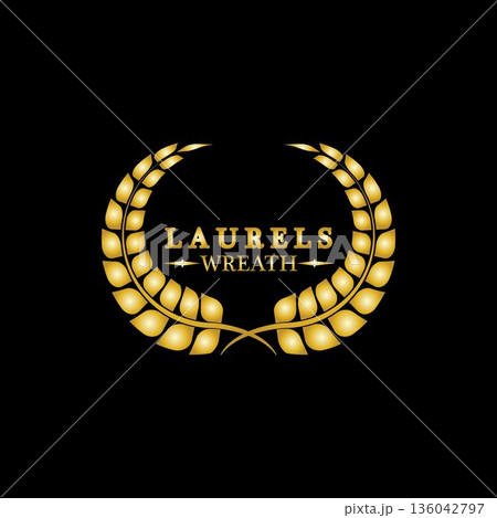 Gold laurel wreath. Symbol of victory and achievement. Design element for decoration of medal, award, coat of arms or anniversary logo. Golden leaf silhouette on black background. Vector illustration Gold laurel wreath. Symbol of victory and achievement. Design element for decoration of medal, award, coat of arms or anniversary logo. Golden leaf silhouette on black background. Vector illustration 136042797