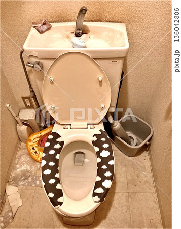 生活感のある手洗い付きタンクのトイレと便座カバーのある室内 136042806