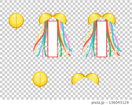 くす玉のイラストセット（紙吹雪・垂れ幕・コピースペース・ベクター） 136043129